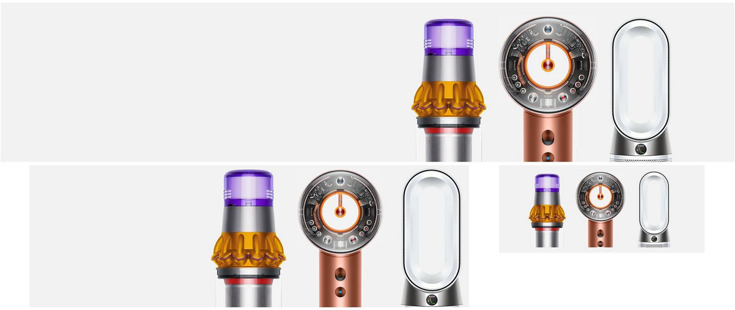 A lineup of sleek Dyson appliances, including vacuums, hair tools, and an air purifier, arranged in a dark room.